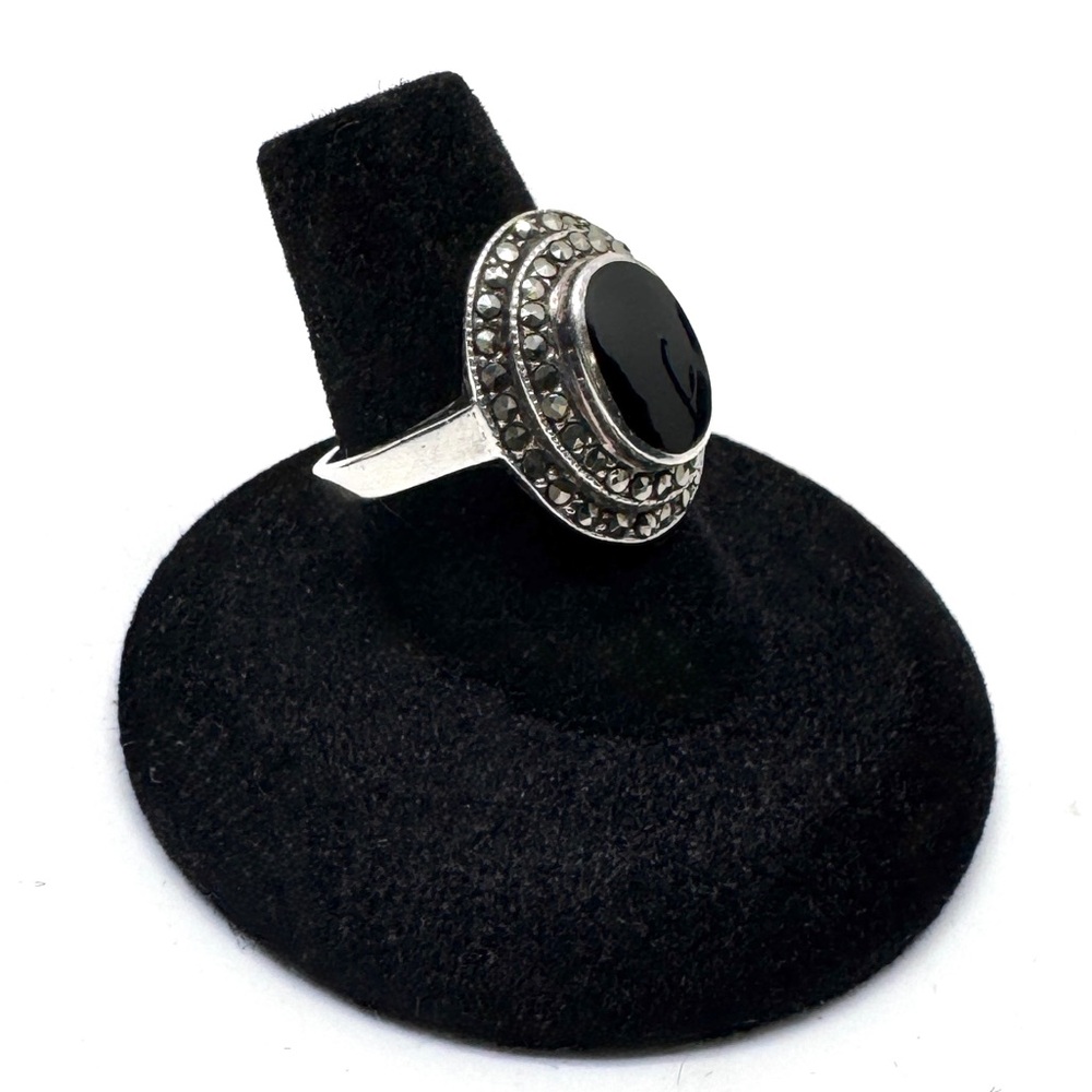 Vintage Sterling Silver Black Onyx & Marcasite Cocktail Ring Size 7 1/2